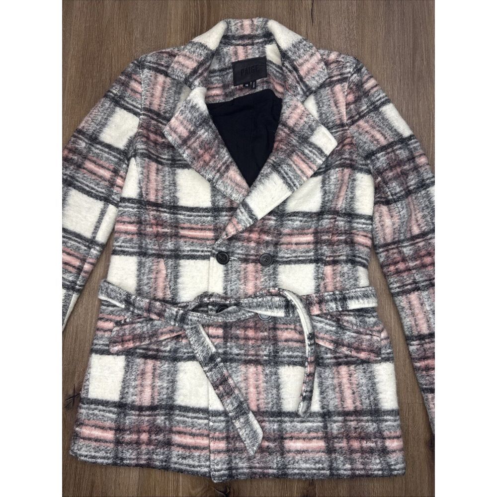 Paige Women XS Pink White Black Academia Wool Blend Preppy Belted Peacoat Jacket - Picture 2 of 13